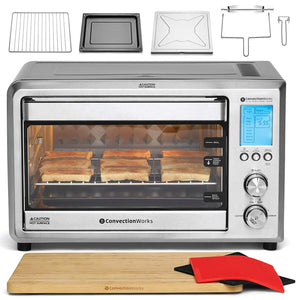 ConvectionWorks Hi-Q Intelligent Countertop Oven Set, 9-Slice XL Convection Oven Toaster w/Bamboo Cutting Board (10 Accessories, Rotisserie & Spit Included), 1500 Watt, Stainless Steel, Teflon-free