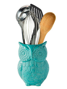 Comfify Owl Utensil Holder Decorative Ceramic Cookware Crock & Organizer, in Lovely Aqua Blue Color - Utensil Caddy and Perfect Kitchen Ceramic Décor Gift - 5” x 7” x 4” Size