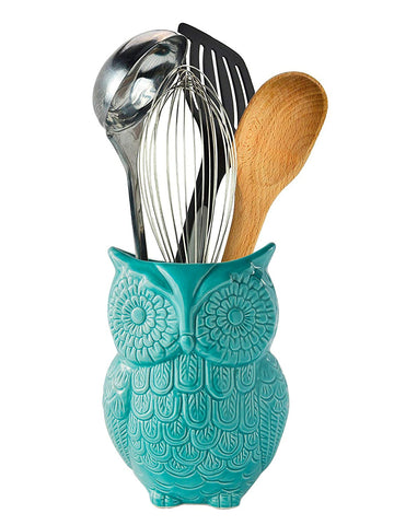 Comfify Owl Utensil Holder Decorative Ceramic Cookware Crock & Organizer, in Lovely Aqua Blue Color - Utensil Caddy and Perfect Kitchen Ceramic Décor Gift - 5” x 7” x 4” Size