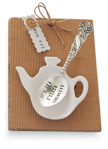 Mud Pie It's Tea O'clock Tea Pot and Spoon, Silver