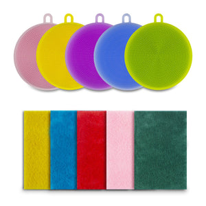 Silicone Dishwashing Brush, iTrunk 5 Piece Food-grade Antibacterial Non Stick Dish Brush and 5 Piece Sponge Scouring Pads, Vegetable and Fruit Washer, Kitchen Wash For Pot Pan Dish Bowl