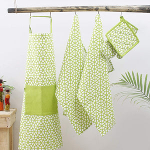 Kitchen combo Set, 100% Cotton, Set of Apron + Oven Mitten + Potholder & Pair of Kitchen towel, Eco - Friendly & Safe, Green, The Hive in Lime Design for Kitchen