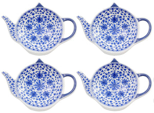 Teapot-Shaped Tea Bag Coasters (4-Pack); Blue & White Tea Spoon/Teabag Caddies