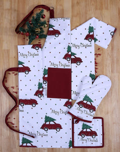 Set of Apron, Oven Mitt, Pot Holder, Pair of Kitchen Towels in a Unique Merry Christmas Design, Made of 100% Cotton, Eco-Friendly & Safe, Value Pack and Ideal Gift Set,Kitchen Linen Set By CASA DECORS