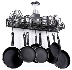 SparkWorks Pot Rack(Black)-THE UNIQUELY DESIGNED Wrought Iron Pot Rack includes 8 angled hooks;NO Assembly Required;Stylish 3D centerpiece Love By All.