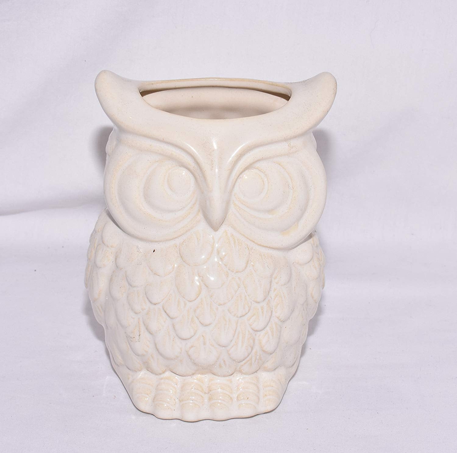 New 6.5" Chubby Big Eyed Owl White & Tan Colored Utensil Holder / Pen Pot / Planter Pot