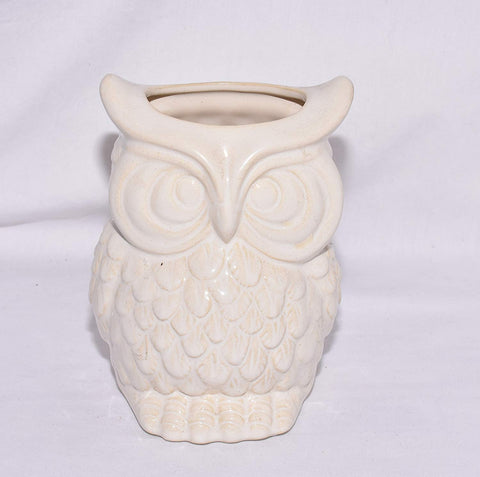 New 6.5" Chubby Big Eyed Owl White & Tan Colored Utensil Holder / Pen Pot / Planter Pot