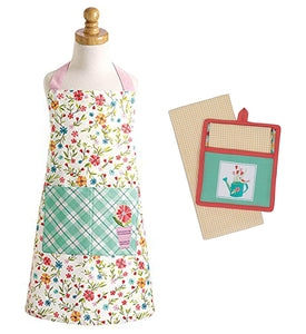 Chef Set for Kids - Floral Apron Pocket with Potholder Kitchen Towel - Daisy Plaid