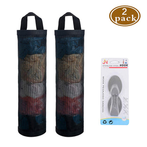 Mesh Garbage Bag Sulimy Plastic Bag Holder Dispensers 2pcs Folding Hanging Storage Bag Trash bags Holder Organizer Recycling Grocery Pocket Containers with 2 Hooks for Home and Kitchen Black