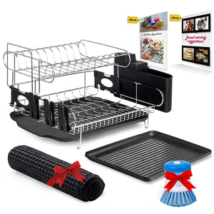 Customizable Two-Tier Dish Rack - Stainless Steel Professional Drainer for Counter or Over the Sink with Drain Board, Microfiber Mat, Dispensing Dish Brush - Includes 2 FREE E-books