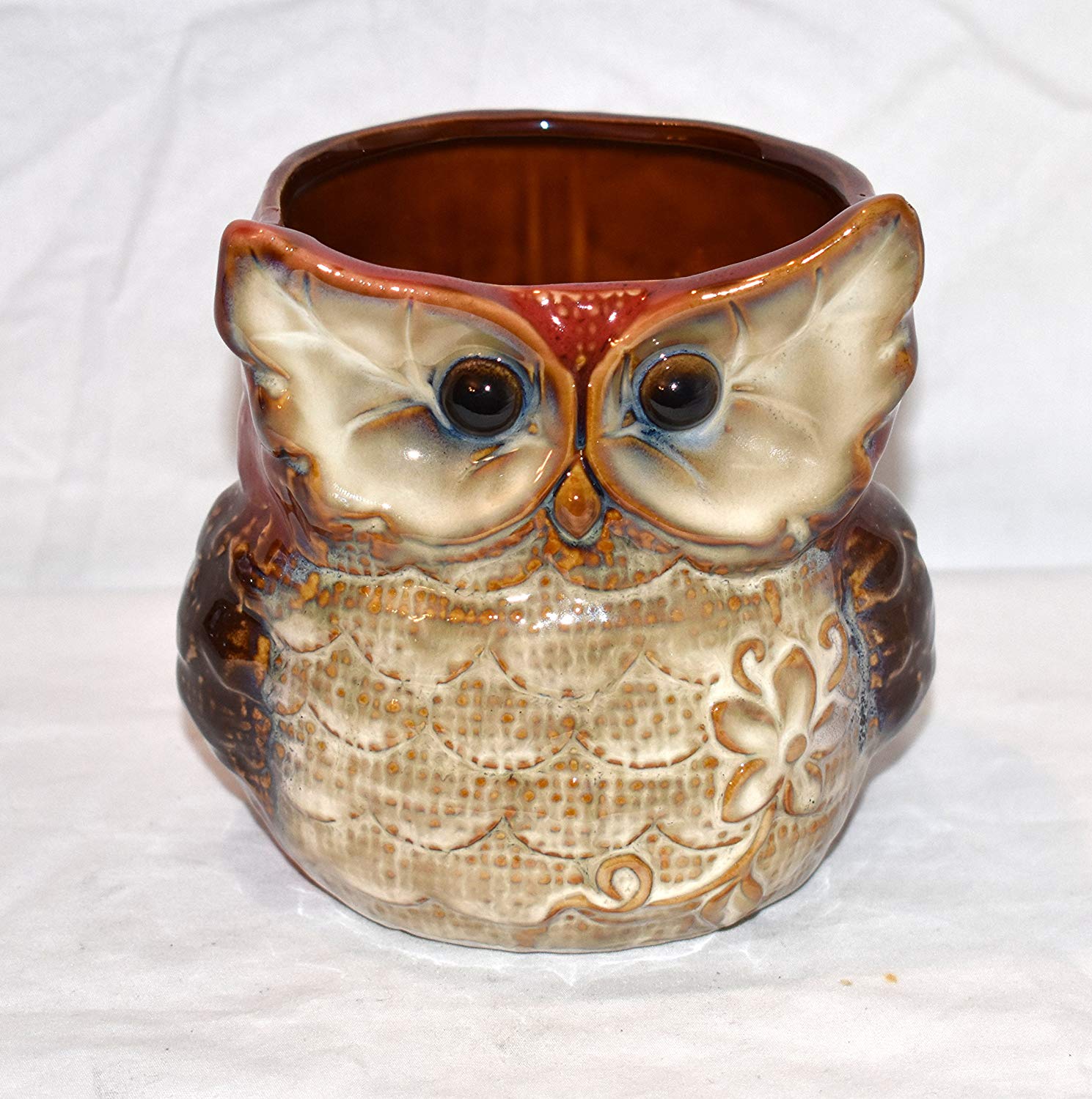 New 5" Chubby Big Eyed Owl Burnt Red & Tan Colored Utensil Holder / Pen Pot / Planter Pot