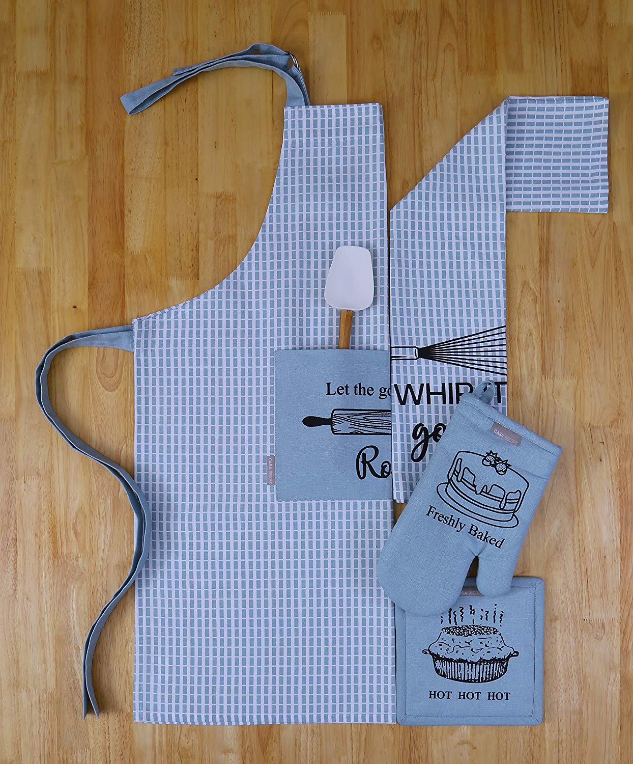 Set of Apron, Oven Mitt, Pot Holder, Kitchen Towel in a Baking Fun Design, Made of 100% Cotton, Eco-Friendly & Safe, Value Pack and Ideal Gift Set, Kitchen Linen Set By CASA DECORS