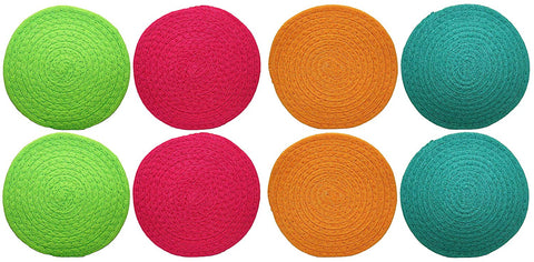 Set of 8 Black Duck Brand Insulated Woven Trivets! 8" Diameter - 4 Bright and Beautiful Colors - A Stylish Way to Protect Tables and Counter Tops From Heat and Moister! Pink, Teal, Orange, Green!