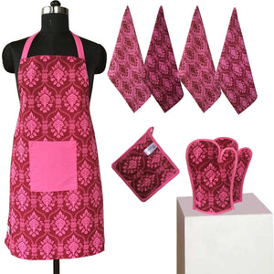 Lushomes Colorful Printed Frilly Apron Set ( 1 Apron, 4 Kitchen towels, 2 Oven Mittens, 1 Pot Holder)