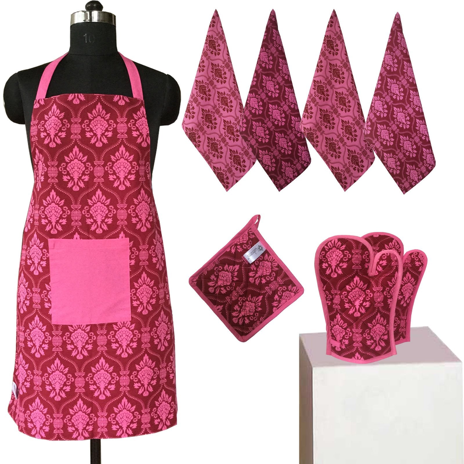 Lushomes Colorful Printed 2 in 1 Stylish Reversible Apron Set ( 1 Apron, 4 Kitchen towels, 2 Oven Mittens, 1 Pot Holder)