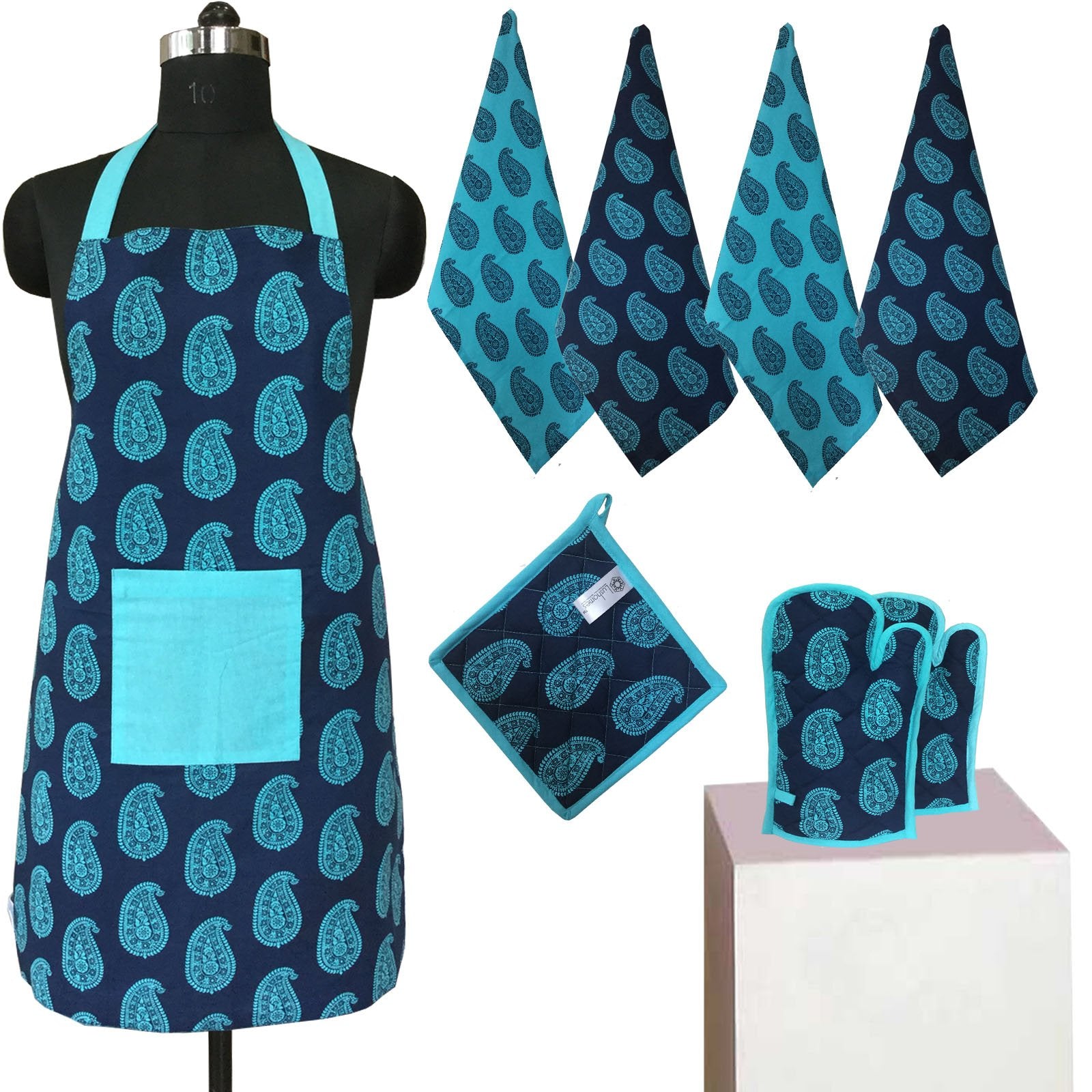 Lushomes Colorful Printed Frilly Apron Set ( 1 Apron, 4 Kitchen towels, 2 Oven Mittens, 1 Pot Holder)