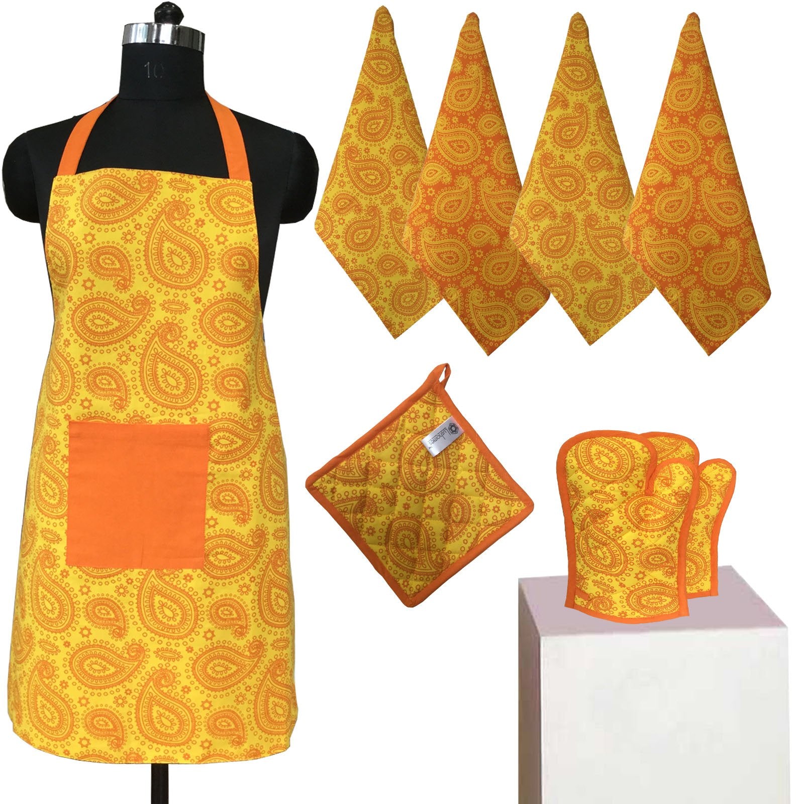 Lushomes Colorful Printed Frilly Apron Set ( 1 Apron, 4 Kitchen towels, 2 Oven Mittens, 1 Pot Holder)