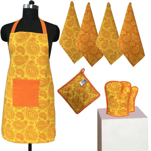 Lushomes Colorful Printed Frilly Apron Set ( 1 Apron, 4 Kitchen towels, 2 Oven Mittens, 1 Pot Holder)