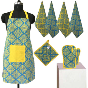 Lushomes Colorful Printed 2 in 1 Stylish Reversible Apron Set ( 1 Apron, 4 Kitchen towels, 2 Oven Mittens, 1 Pot Holder)