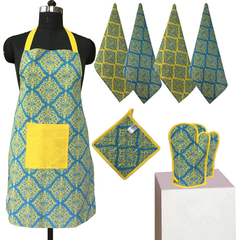 Lushomes Colorful Printed 2 in 1 Stylish Reversible Apron Set ( 1 Apron, 4 Kitchen towels, 2 Oven Mittens, 1 Pot Holder)