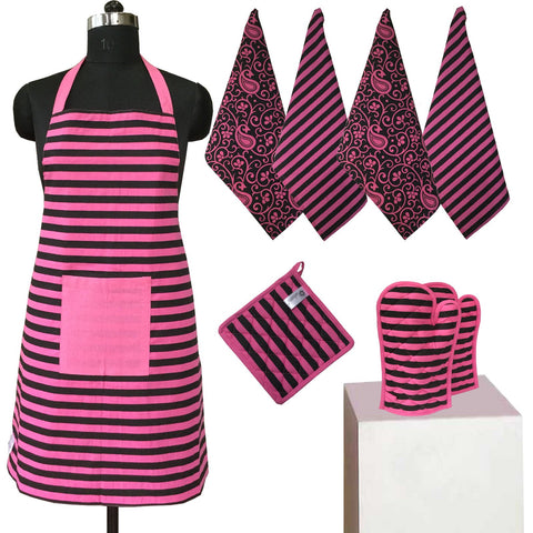 Lushomes Colorful Printed 2 in 1 Stylish Reversible Apron Set ( 1 Apron, 4 Kitchen towels, 2 Oven Mittens, 1 Pot Holder)