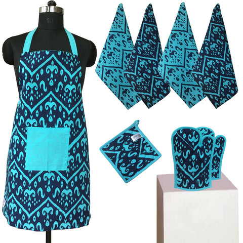 Lushomes Colorful Printed 2 in 1 Stylish Reversible Apron Set ( 1 Apron, 4 Kitchen towels, 2 Oven Mittens, 1 Pot Holder)