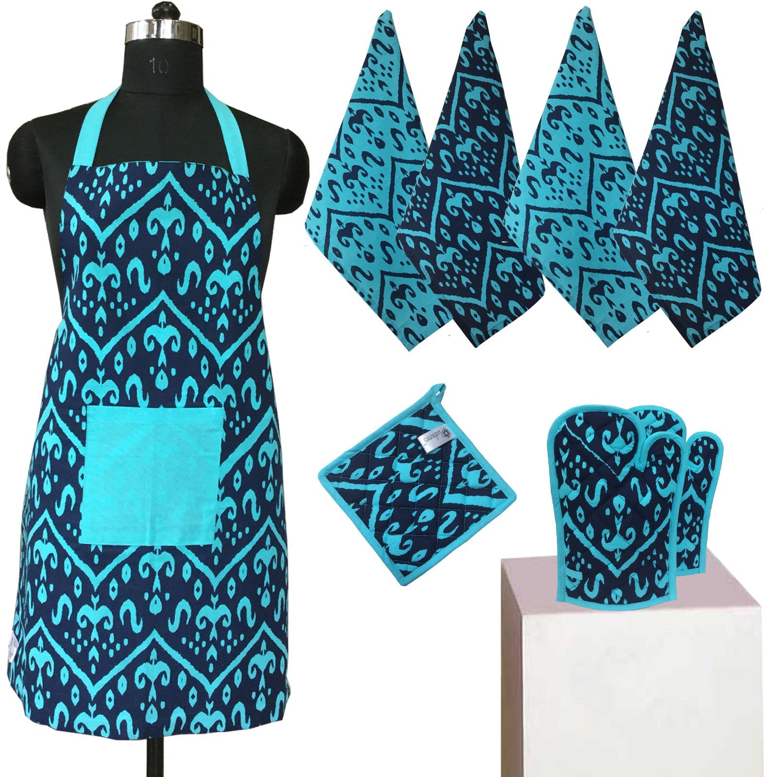 Lushomes Colorful Printed Frilly Apron Set ( 1 Apron, 4 Kitchen towels, 2 Oven Mittens, 1 Pot Holder)