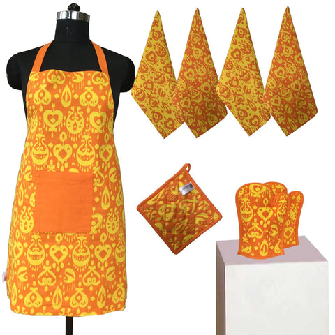 Lushomes Colorful Printed 2 in 1 Stylish Reversible Apron Set ( 1 Apron, 4 Kitchen towels, 2 Oven Mittens, 1 Pot Holder)