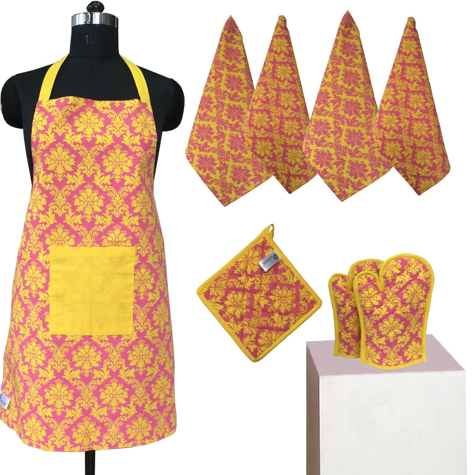 Lushomes Colorful Printed 2 in 1 Stylish Reversible Apron Set ( 1 Apron, 4 Kitchen towels, 2 Oven Mittens, 1 Pot Holder)
