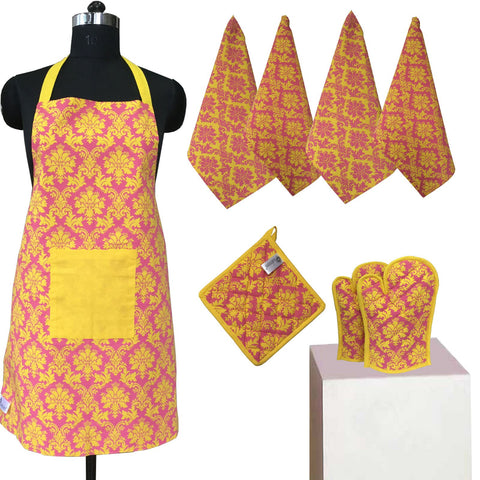 Lushomes Colorful Printed Frilly Apron Set ( 1 Apron, 4 Kitchen towels, 2 Oven Mittens, 1 Pot Holder)