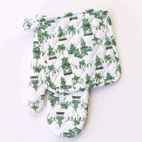 Green Pagoda Oven Mitt and Pot Holder Set