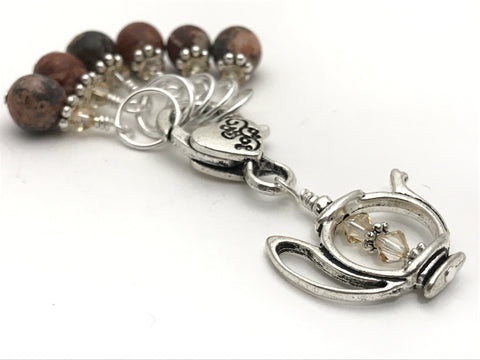 Snag Free Stitch Markers with Teapot Holder in Earth tones