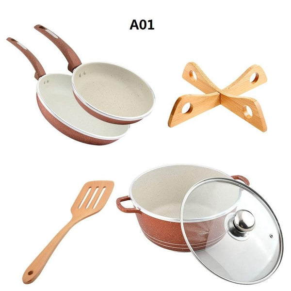 QueenTime 5pcs/set Non-Stick Frying Pan Cooware Set Wood Truners Spatula Soup Pot Holder Aluminum Alloy Pan Combo Cooking Tools