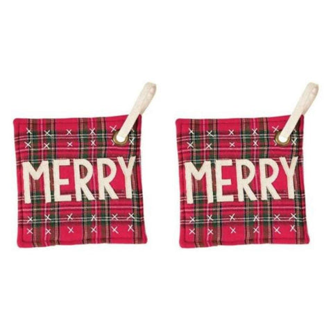 Mud Pie Christmas Royal Stewart Red Tartan Plaid Hot Mitt Pot Holder Set of 2