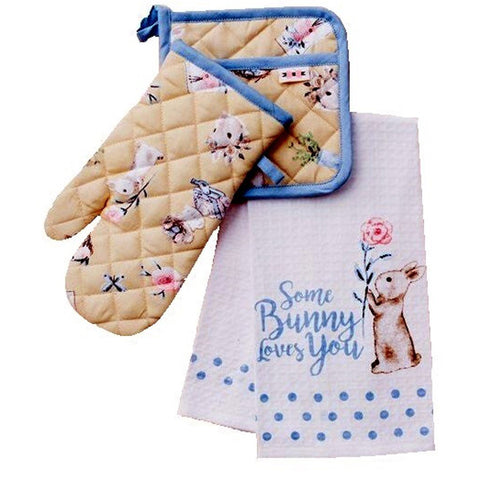 3 Piece Spring Kitchen Set Bunny, Oven Mitt, Pot Holder and Towel