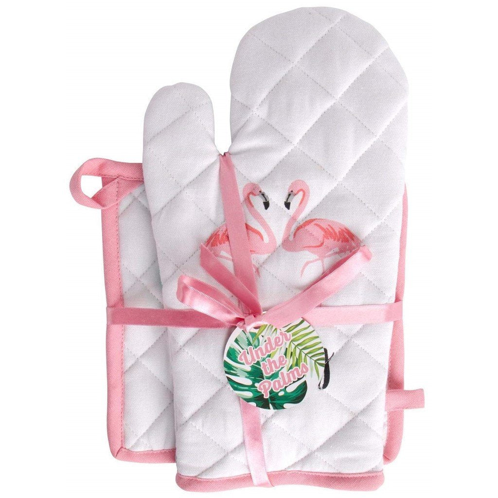 Flamingo and Palm Branch Oven Mitt and Pot Holder Set