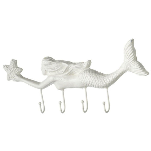 Mermaid Cast Iron Wall Hook - White - 4 Hooks - 12-1/4-in