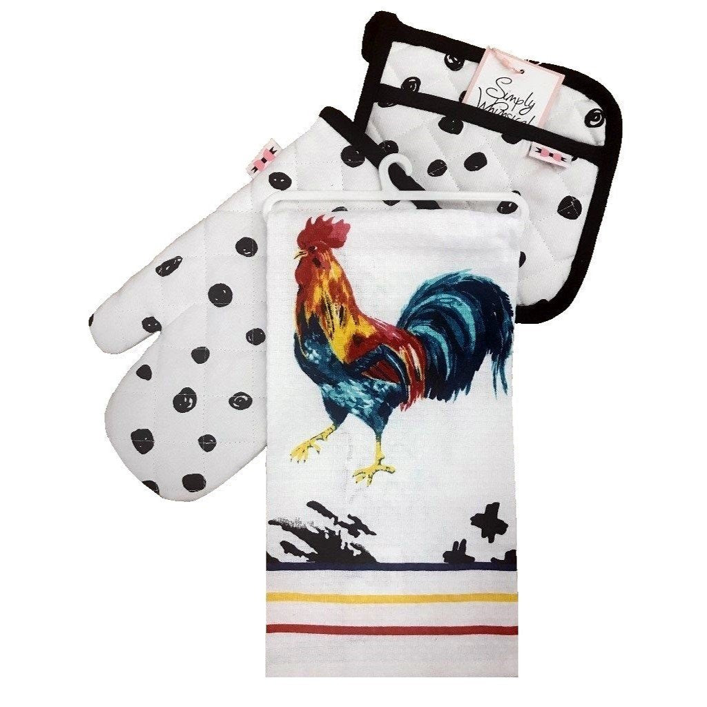 3 Piece Rooster Kitchen Set, Oven Mitt, Pot Holder and Towel